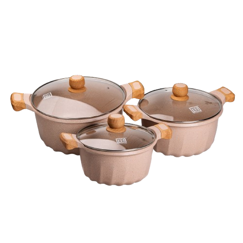 Набір із трьох каструль та сковорідок з кришками 24, 28, 32 см, товсте алюмінієве дно MGC HP-4-402 | Зображення 1