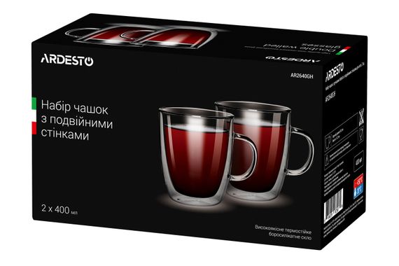 Набор чашек с ручками Ardesto с двойными стенками, 400 мл, H 11,2 см, 2 шт, боросиликатное стекло (AR2640GH) | Зображення 1