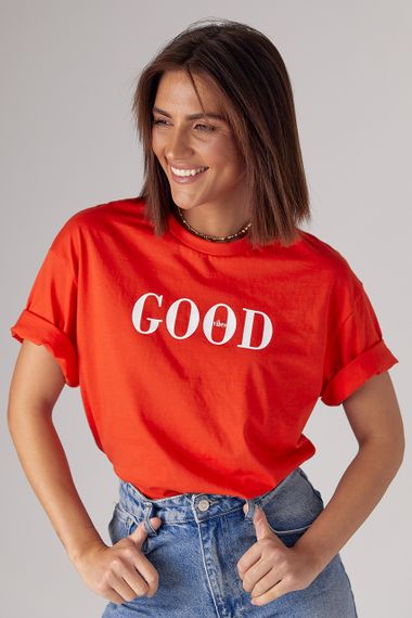 Трикотажна футболка з написом Good vibes - червоний цвет, L (є розміри)
