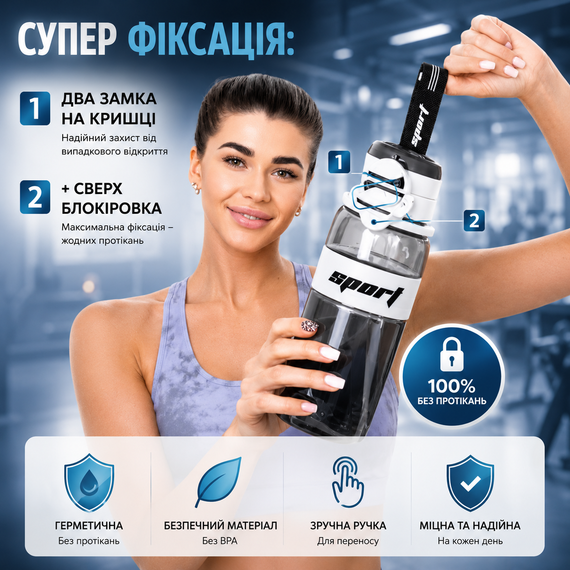 Спортивная эко-бутылка для воды 800 мл (BPA Free) с фильтром, соломинкой и ремешком Белая | Зображення 6