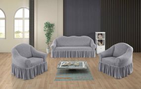 Жакардовий чохол на диван + 2 крісла Stone з спідницею світло-сірий