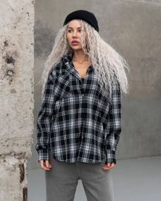 Женская фланелевая рубашка в клетку на пуговицах свободная, MN0003  цвет черный, размер L/XL
