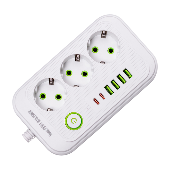 Мережевий фільтр кабель 2,7 м подовжувач F16 на 3 розетки 4 usb 2 type-c та кнопкою відключення Білий HP-5-19 | Зображення 2