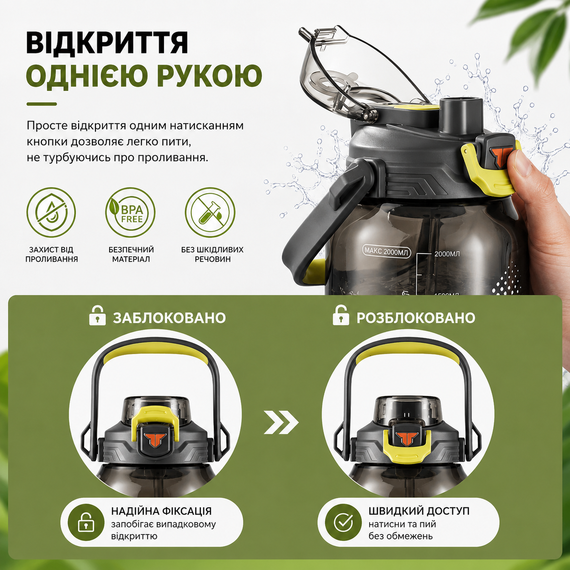 Екологічна сіра тританова пляшка TTK 2 л з практичним ремінцем для спорту. | Зображення 4