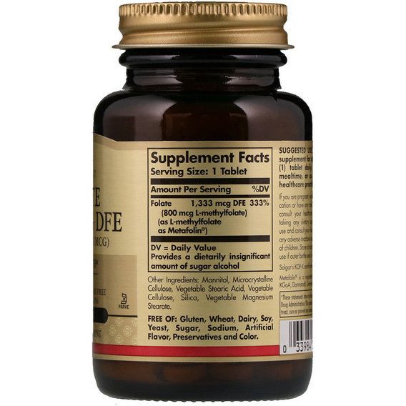 Фолиевая кислота Solgar Folate 1333 mcg DFE (As Metafolin 800 mcg) 100 Tabs | Зображення 1