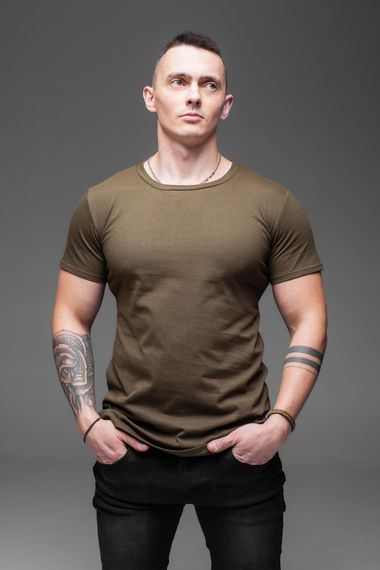 Мужская классическая базовая хлопковая футболка RA938 размер S, цвет хаки | Зображення 2