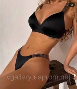 Комплект жіночої безшовної білизни Victoria`s Secret GOLD із золотими стразами Чорний колір - 80C