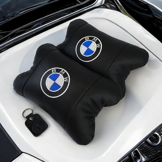 Авто подушки 2 шт — набор BMW из натуральной кожи, на подголовник в машину, Автомобильная подушка БМВ | Зображення 4
