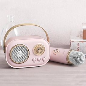 Караоке з мікрофоном на акумуляторі Ретро Bluetooth Рожеве