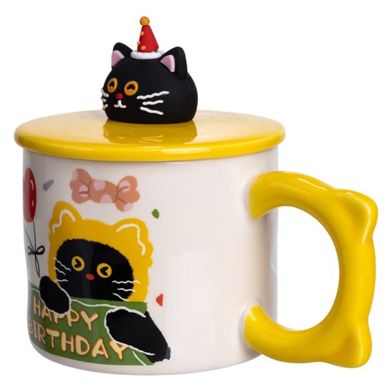 Чашка порцелянова з кришкою Kitten's Birthday 400 (мл) подарункова кружка прикольна чашка для дітей на подарунок Жовтий FM-24B | Зображення 2