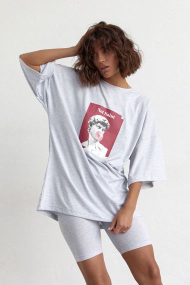 Женский костюм с футболкой oversize и велосипедками - светло-серый цвет, L (есть размеры) | Зображення 2