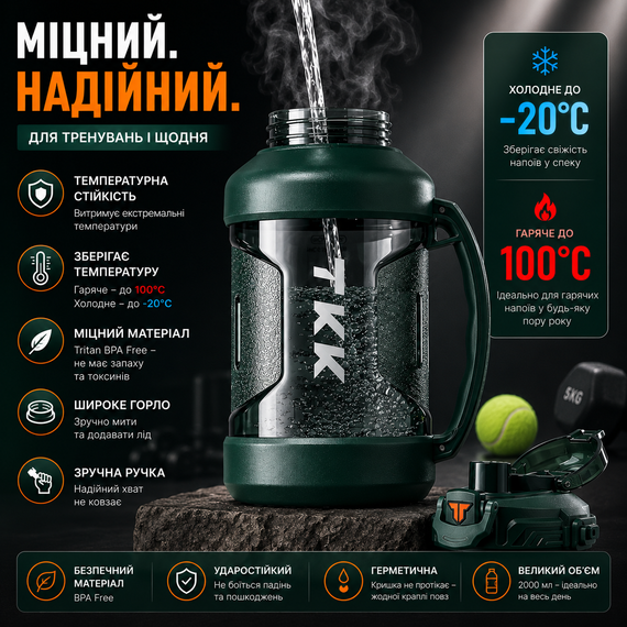 Спортивная бутылка TKK (2000 мл) - Зеленый матовый Tritan BPA-free, с эргономичной ручкой и клапаном | Зображення 2