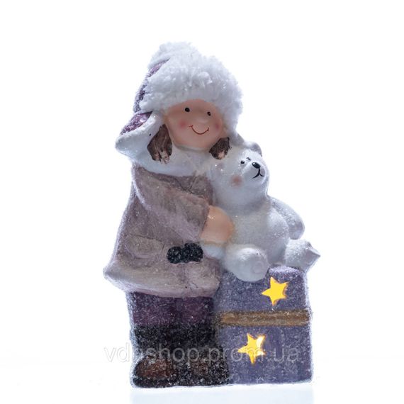 Новорічна фігурка з підсвіткою Дівчинка з ведмежам із фарфору 12×7×20 (см) новорічний декор для дому, квартири на подарунок CR-5-5 | Зображення 1