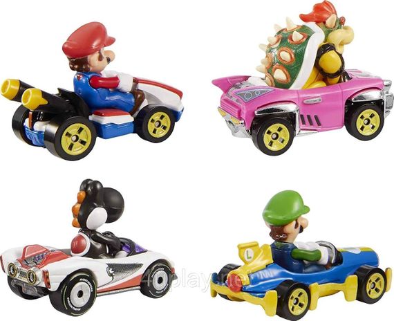 Hot Wheels Mario Kart Characters and Karts. Хот Вілс набір машинок Маріо Карт, 4шт.: Маріо, Луїджі, Баузер, Йоші | Зображення 2