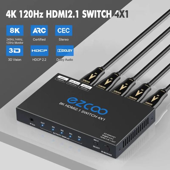 EZCOO 8K HDMI Switch 4 входа 1 выход, HDMI-коммутатор, поддерживает 8K@60 Гц и 4K120 Гц VRR, HDCP2.3, HDR Dolby Vision Atmos, дистанционное управление, CEC ( ez-sw41h21-asm) | Зображення 5