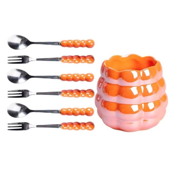 Набор десертных вилок и ложек на 3 персоны с подставкой из фарфора 7 предметов Оранжевый HP-20-60