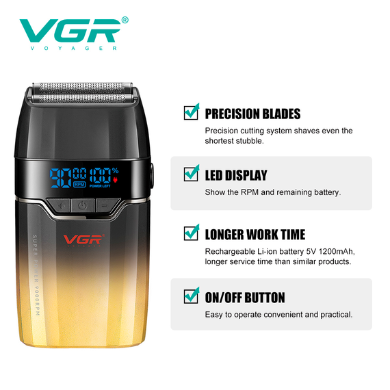 Электробритва VGR V-308 GOLD шейвер, двойное лезвие, 9000 RPM, LED дисплей | Зображення 5