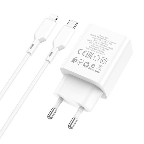 Мережевий Зарядний Пристрій Borofone BA69A Resource PD20W+QC3.0 Type-C to Lightning Колір Бiлий | Зображення 2