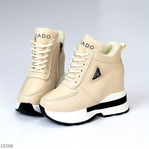 Молодіжні бежеві зимові снікерси на платформі танкетці | Зображення 3