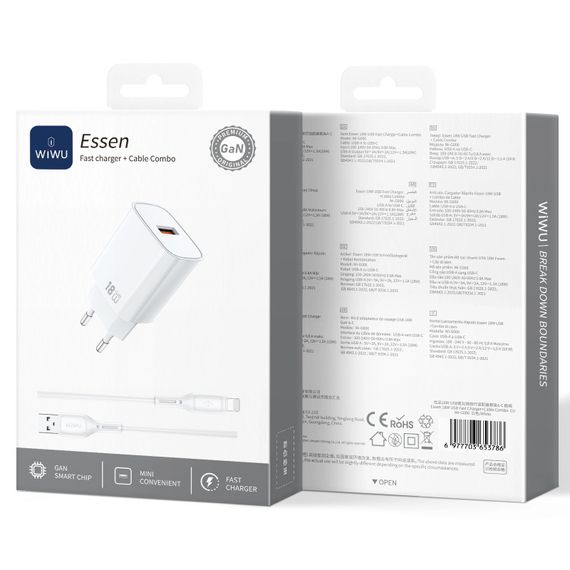 СЗУ WIWU G006 Essen QC3.0 18W GaN (1USB-A) + кабель USB to Lightning White | Зображення 1