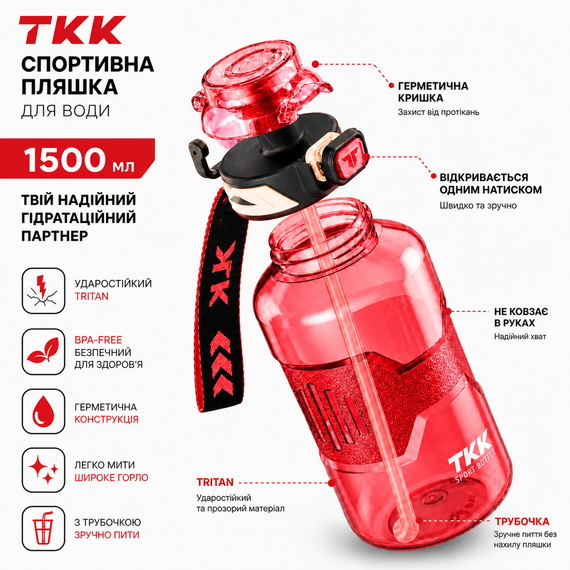 Спортивная бутылка для воды TKK 1500 мл (1.5 л): ударопрочный Tritan BPA-free, Красная | Зображення 7