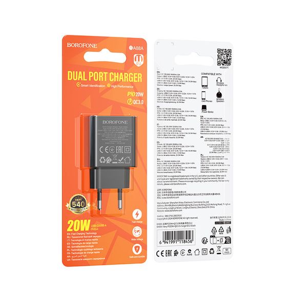 СЗУ BOROFONE BA88A, PD20W+Q3.0, 1xUSB-A+1xUSB-C, Black, Blister | Зображення 1