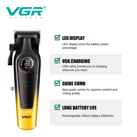 Аккумуляторная машинка для стрижки VGR V-196 GOLD, 6 насадок, 7000 RPM, 2000 mAh, LED дисплей | Зображення 4
