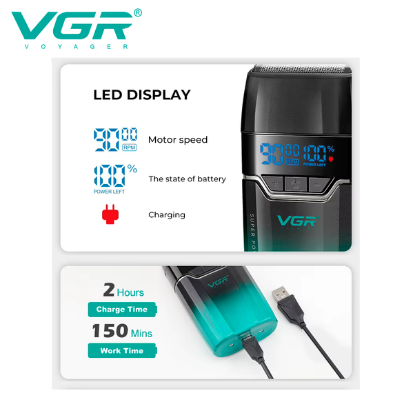 Электробритва VGR V-308 GREEN шейвер, двойное лезвие, 9000 RPM, LED дисплей | Зображення 5