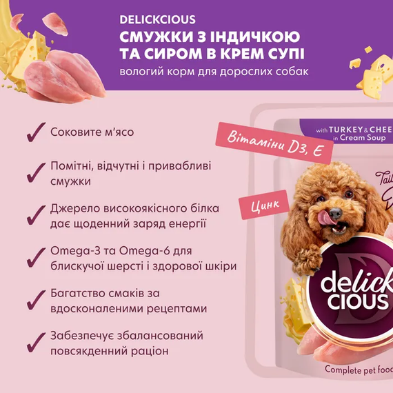 Вологий корм пауч Delickcious для дорослих собак, індичка та сир 85г | Зображення 1