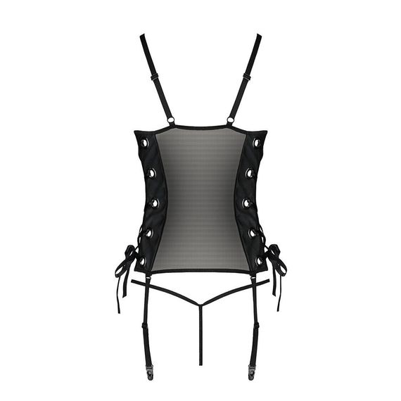 Сетчатый корсет из эко-кожи Passion Malwia Corset black S/M: с люверсами и съемными пажами | Зображення 5