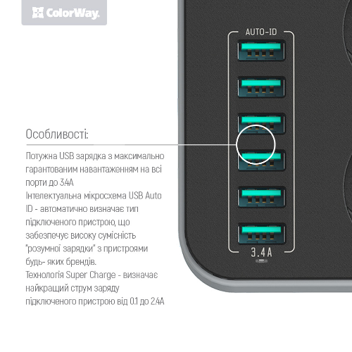 Фільтр мережевий 3 розетки/6USB 1,8 м чорний CW-CHE36B ColorWay | Зображення 6