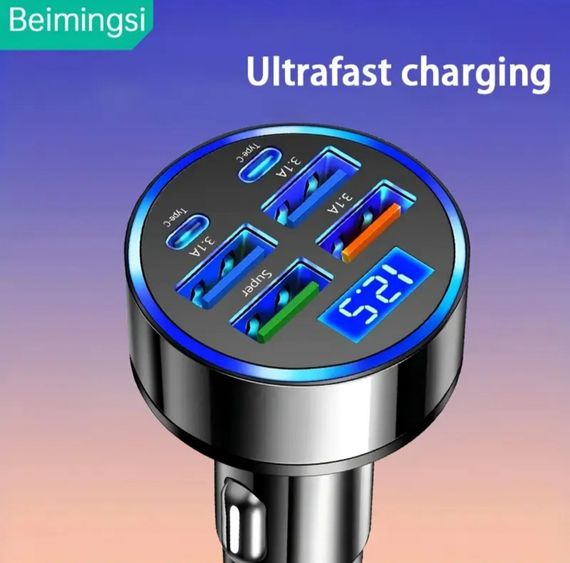Автомобильное зарядное устройство USB-C с дисплеем напряжения, 4 USB и 2 PD порта, QC3.0, Super Fast зарядка | Зображення 7