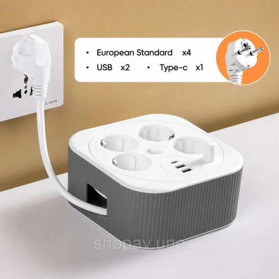 Мережевий подовжувач-фільтр A107/PNS-05 білий 4 м з LED-індикатором, 4 розетками 220V, 2 USB і PD Type-C | Зображення 3