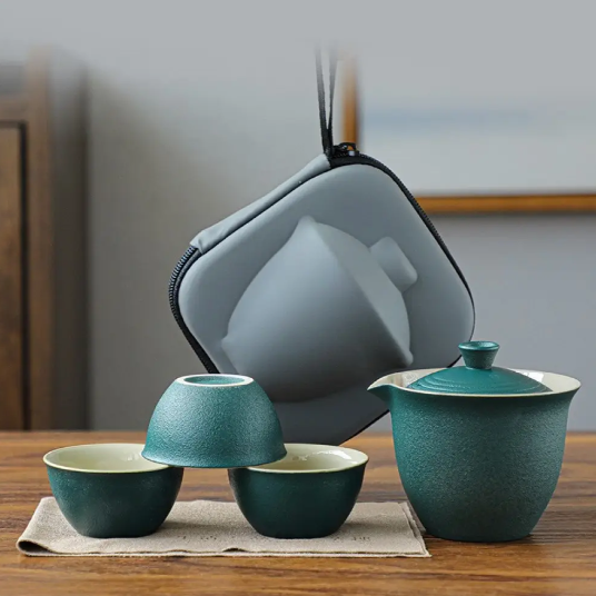 Чайный набор для чайной церемонии дорожный "Дим-Мак" керамика ,заварник - гайвань , 3чашки в сумке  Светло зеленый | Зображення 3