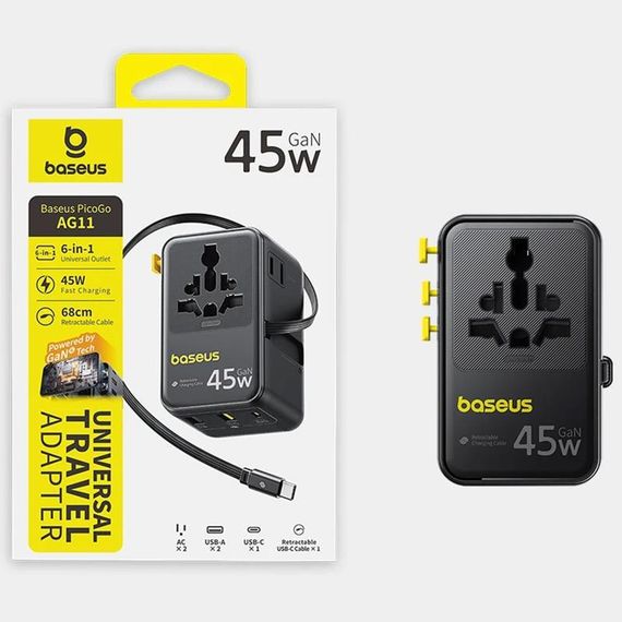 Мережевий універсальний перехідник Baseus AG11 45W with retractable cable (2USB-A/1C/1Socket) (E0307F) Cosmic Black | Зображення 4