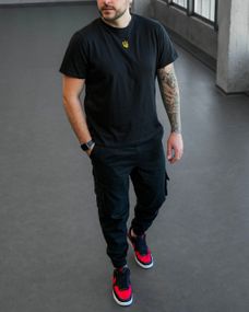 Мужская хлопковая футболка с вышивкой Тризуб Украина BD0036 размер M, цвет черный