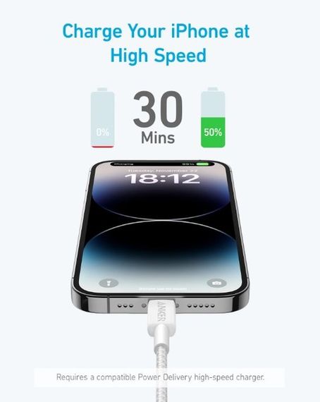 Кабель Anker 322 USB-C to Lightning - 1.8m Nylon White | Зображення 1