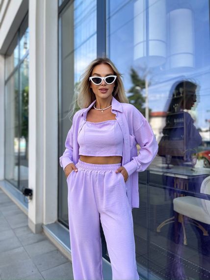 Женский летний костюм 4 в 1 рубашка, топ, брюки и шорты ZE1400 цвет сиреневый размер 46/48 | Зображення 1