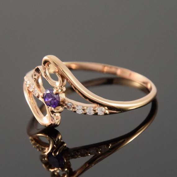Кольцо из красного золота с аметистом и фианитами 17.5 | Зображення 1