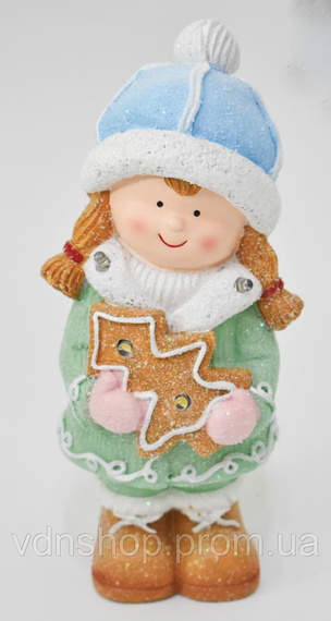 Новорічна декоративна фігурка з підсвіткою 10,5×9,5×22 см Новорічний декор Дівчинка з пряниковим будиночком із порцеляни CR-6-2