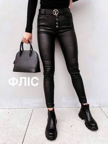 Женские черные лосины-брюки из эко кожи на пуговицах, NA921 цвет черный, размер 42/44