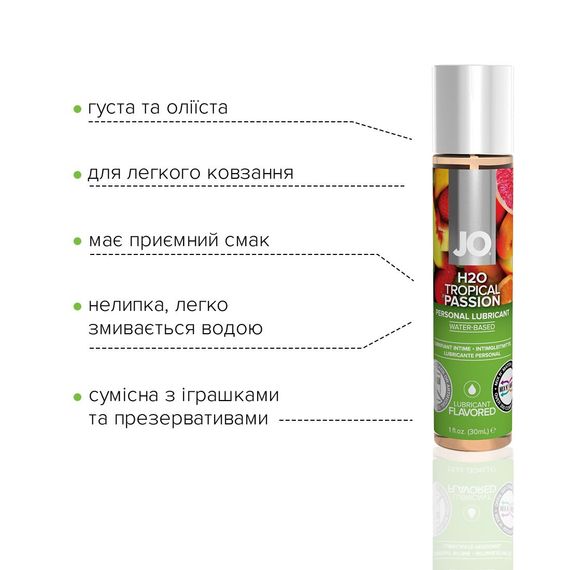 Змазка на водній основі JO H2O — Tropical Passion (30 мл) без цукру, рослинний гліцерин | Зображення 2