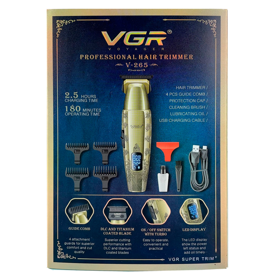 Триммер аккумуляторный для стрижки VGR V-265, 4 насадки, 1600mAh, 8000 RPM, LED дисплей | Зображення 7