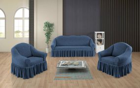 Жаккардовый чехол на диван + 2 кресла Stone с юбкой индиго