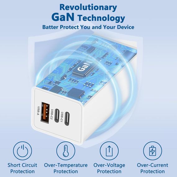 Зарядний пристрій USB C потужністю 65 Вт, 3 порти PD3.0 GaN, швидке заряджання Type C, подавання живлення з кабелем | Зображення 5