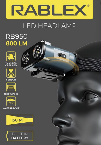 Ліхтар налобний Rablex RB950 з акумулятором та Type-C зарядкою (червоне + біле світло, комбіновані діоди, 2хXPL+16хCOB+1хRED COB) | Зображення 3