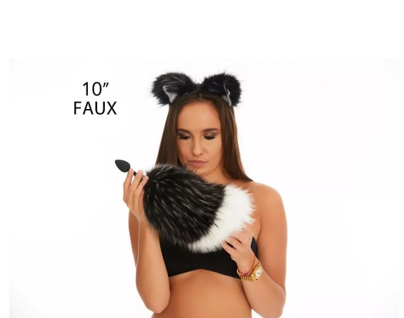 Анальний хутряний хвіст без пробки, Чорнобурий з білим кінчиком, OKOVA Sex Aura