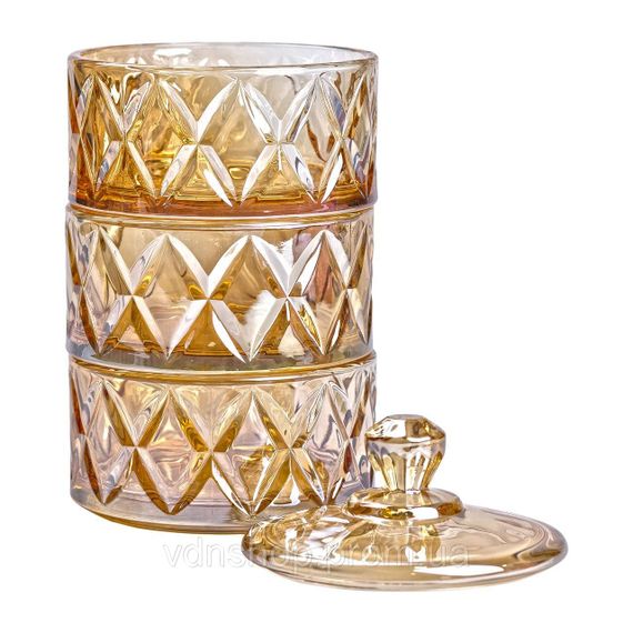 Конфетница трехуровневая Ø 10 см стеклянная с крышкой коричневая HP-YH-80 | Зображення 3