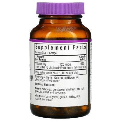 Витамин Bluebonnet Nutrition Витамин D3 5000IU (125 мкг), Vitamin D3, 100 желатиновых ка (BLB-00321) - Топ | Зображення 1