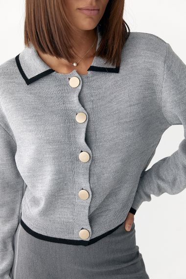 Короткий кардиган на ґудзиках із контрастною окантовкою - сірий цвет, ONE SIZE (є розміри) | Зображення 3